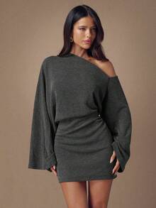 SHEIN BAE 女士时尚通勤纯色不对称领喇叭袖迷你连衣裙 - 深灰色 - 查看 6