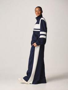 MISSGUIDED Wide Leg Navy Sweatpants With White Stripe Detailing Casual Loose Fit Joggers Elastic Waist Fall Winter Comfort Pants - Navy Blue - View 5