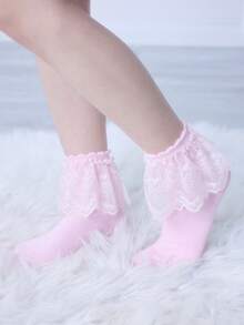 ROMWE Kawaii 女款素色荷葉邊中筒襪 - 多色A3 - 查看 4