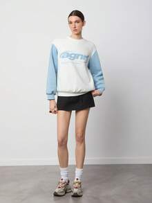 SURIMA بلوزة رياضية فضفاضة بأكمام طويلة ذات لونين أبيض وأزرق فاتح مناسبة للخريف/الشتاء للنساء