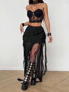 Coolane Women's Summer Tropical Vacation  Beach Outfits  Goth Y2K Concert Streetwear Vacations Boho Y2K Country Concert Gyaru Lace Asymmetrical Ruffle Fringe Black Low Rise Long Skirt - Black - View 4