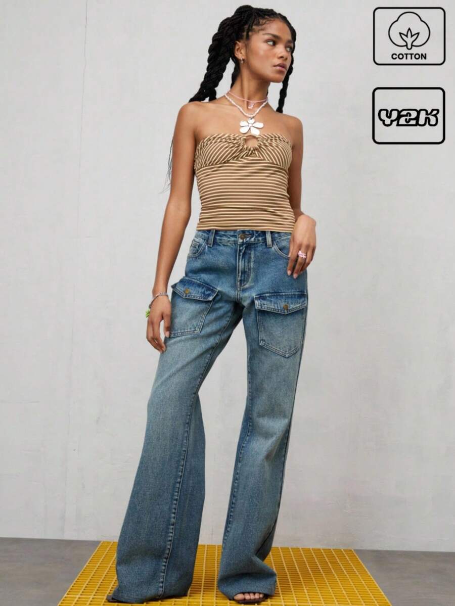 COUREZ Y2K 低腰水洗宽松喇叭牛仔裤，带前口袋细节 / 女士夏季穿搭 / Y2K / 休闲 / 纯棉高街复古 - 藍色 - 查看 1