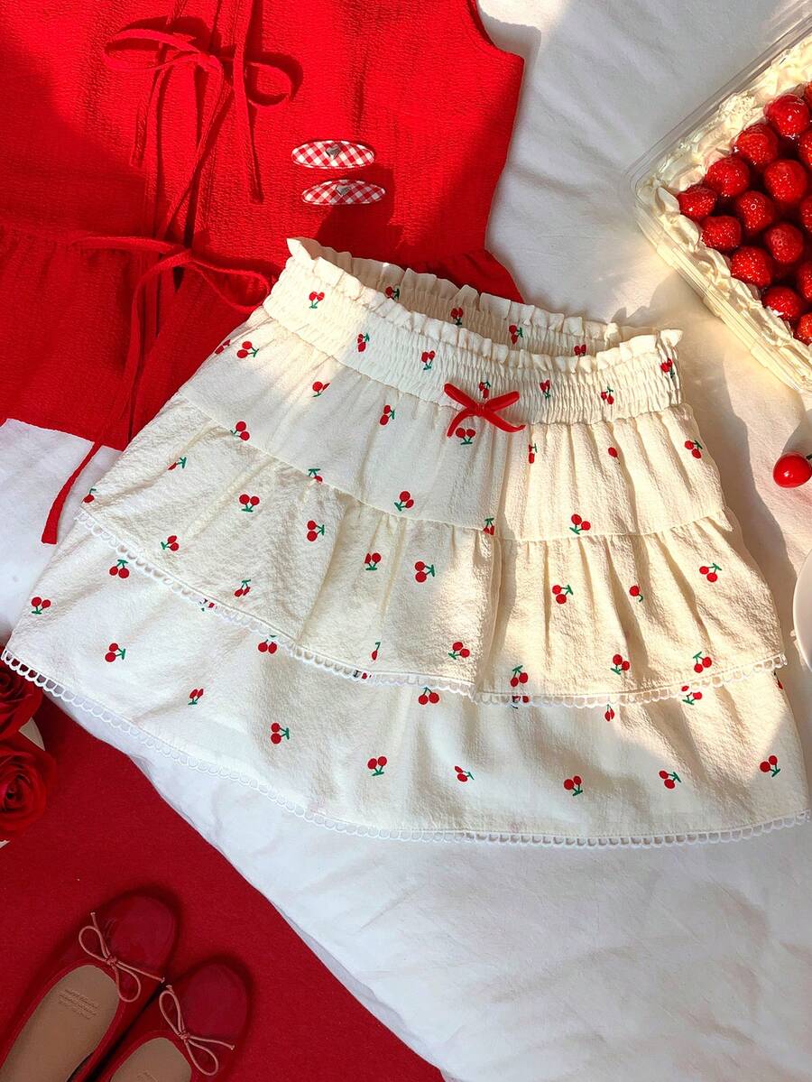 Comfortcana Women's Casual Cherry Print Ruffle Hem Skirt, Summer Elegant, Vacation, Casual, Y2k Summer Spring Valentine's Day Valentine Carnival Beach Birthday Party Wedding Going Out For Women 2026 New Fashionable Summer Women Spring Women Valentine's Day Going Out Cherry Print Casual Vacation Skirt - Multicolor - View 1