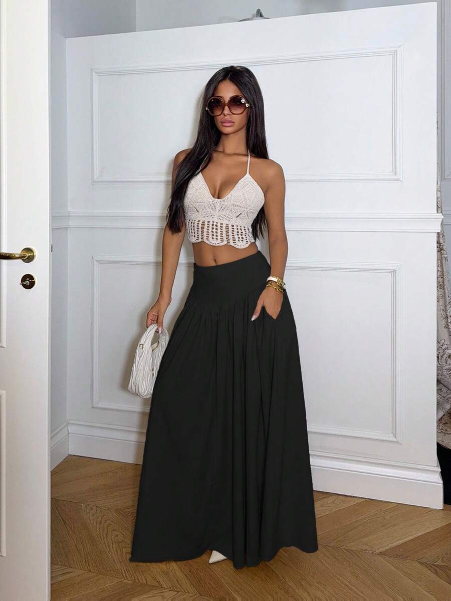 Ronhire 女士優雅A字裙，收腰設計實用口袋 - 黑色 - 查看 1