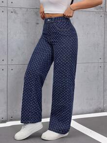 SHEIN ICON 女士复古宽松直筒阔腿牛仔裤 - 深色水洗藍 - 查看 4