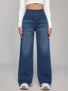 SHEIN PETITE Casual Washed High Waist Straight Leg Jeans - Medium Wash - View 5