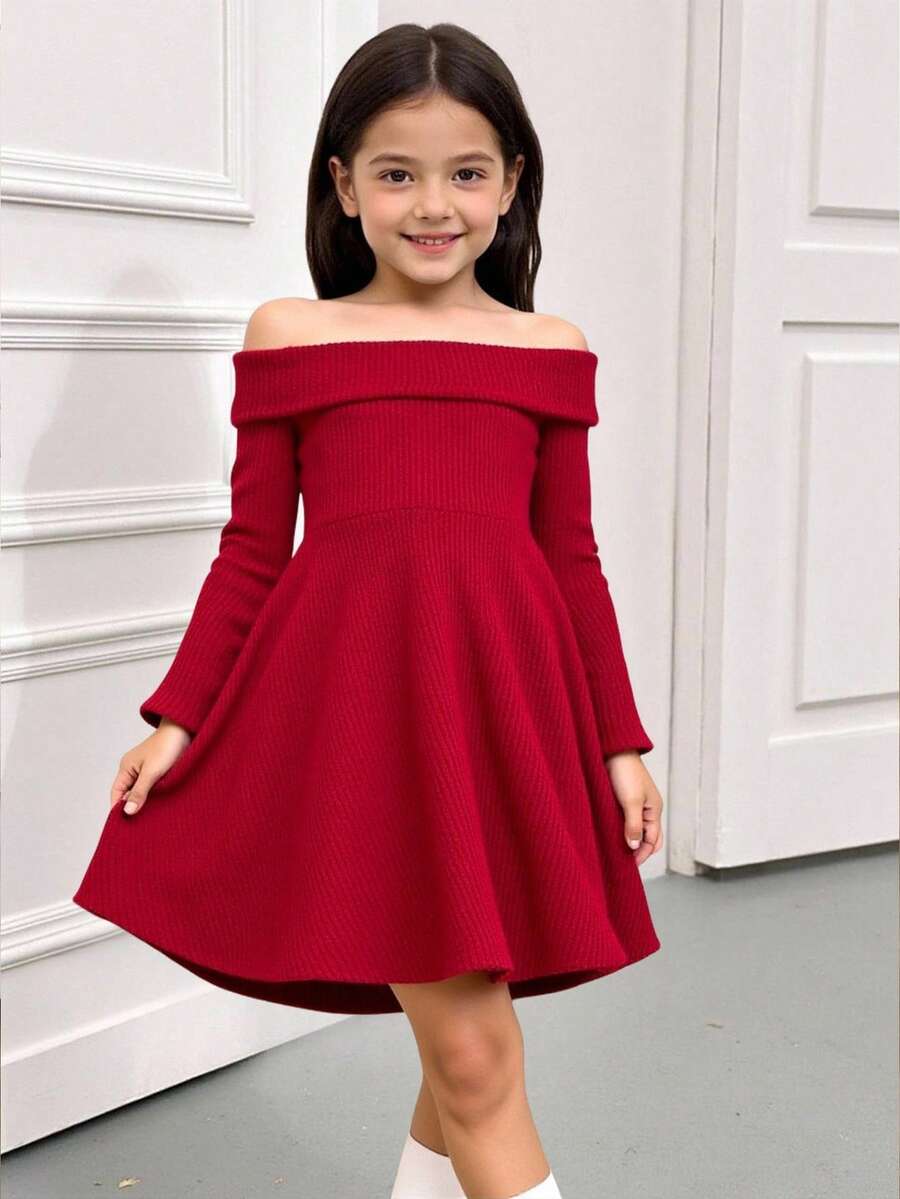 SHEIN 青少年女孩合身优雅露肩喇叭袖 A 字圣诞连衣裙 - 酒紅色 - 查看 1