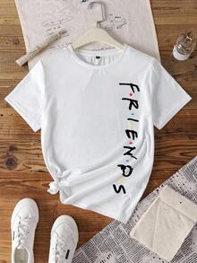 FRIENDS X SHEIN Áo thun nữ tay ngắn cổ tròn dáng rộng, thoải mái, thích hợp cho mùa hè. - trắng - Xem 7