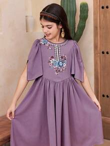 SHEIN Tween Girls' Casual Vacation Dress, Gray-Purple Lilac Dress Lavender Dress - Blue - View 5