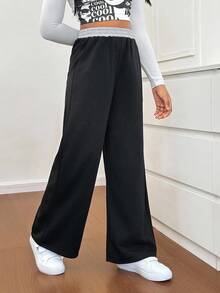 SHEIN Pantalones jogger de niña preadolescente de estilo casual de calle con cintura con cordón y contraste de color - Negro - Ver 7