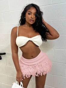 Alexandranx 针织修身迷你毛衣裙，毛边下摆，仅含半身裙，适合夏季、假期、春季、优雅、可爱、海滩、节日、西部风情、秋季、夜生活、纳什维尔、俱乐部、秋冬等场合，时尚百搭。 - 粉色 - 查看 1