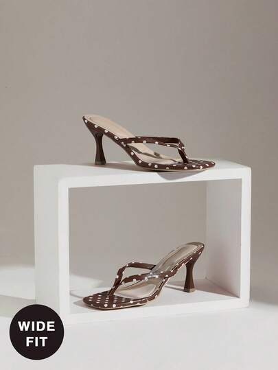 SHUZIA Women's Wide-Fit Fashion Comfy Dot Print Square Toe Stiletto Heel Thong Sandals