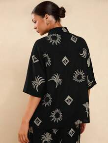 COSMINA 女士黑色刺绣亚麻短袖衬衫，休闲刺绣衬衫，黑色短袖衬衫，黑色衬衫，度假衬衫 - 黑色 - 查看 2