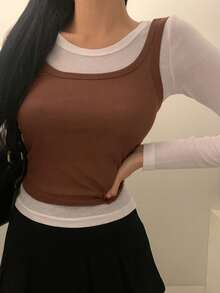 DAZY Women's Round Neck Long Sleeve Casual 2 In 1 T-Shirt,Going Out Tops For Women - Beige - View 7