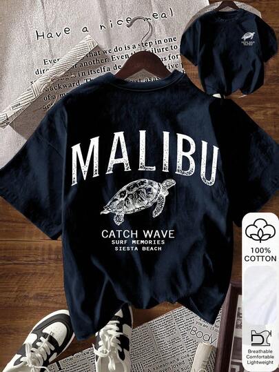 SHEIN 女士字母和海龟印花圆领短袖休闲T恤