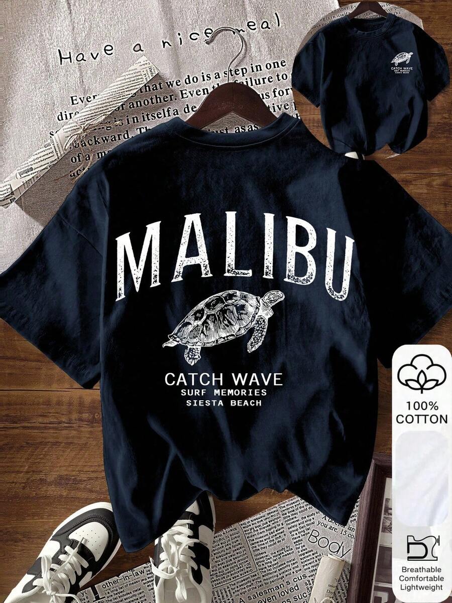 SHEIN 女士字母和海龟印花圆领短袖休闲T恤