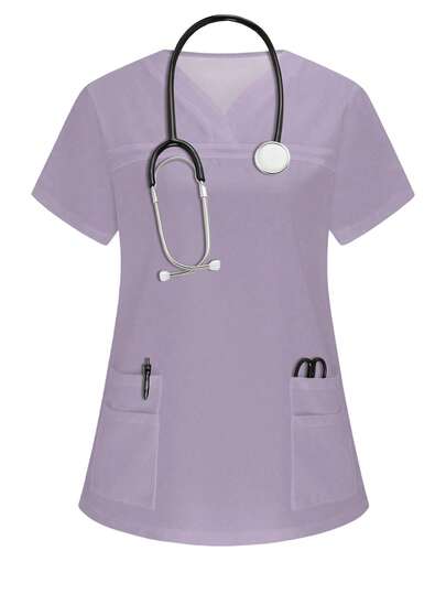 TaskEZ Top de uniforme de pijama médico de unicolor con cuello en V y bolsillo, de manga corta