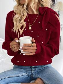 EMERY ROSE Women's Fashion Pearl Detail Bow Shoulder Sweater Burgundy Sweater Women's Sweater Cold Shoulder Sweater Pearl Sweater - Burgundy - View 4