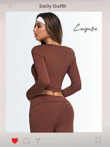 Gameset SHEIN Sport Brown Long Sleeve Button Crop Top & High Waist Flared Pants Two Piece Set,Yoga Lounge Athleisure Outfit,Women's Trending Workout Matching Set,Women's Ribbed Yoga Activewear Set, Fitted Long Sleeve Casual Top Paired With High Waist Flare Pants,Brown 2 Piece Set,Two Piece Pants Set,Athleisure Two Piece Set, Brown Workout Set - Brown - View 10
