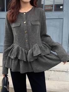 FRIFUL Women's Round Neck Metal Button Decor Hem Layered Ruffle Hem Fitted Casual T-Shirt - Grey - View 3
