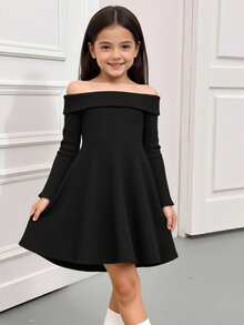 SHEIN 少女修身优雅露肩喇叭袖A字圣诞连衣裙 - 黑色 - 查看 1