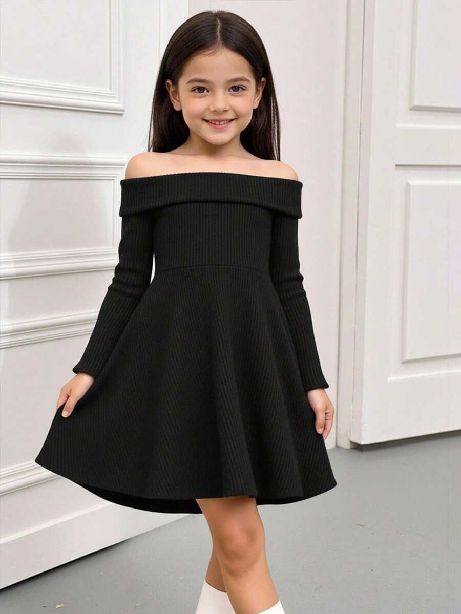 SHEIN 少女修身优雅露肩喇叭袖A字圣诞连衣裙 - 黑色 - 查看 1