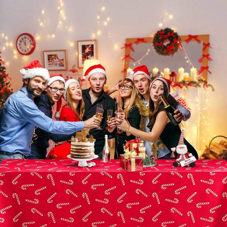 3 Pieces-1Piece Christmas Candy Cane Tablecloth Set, Suitable For Rectangular Tables, Red And Green Disposable Christmas Plastic Tablecloth, Waterproof Candy Cane Christmas Table Decoration, Perfect For Holiday New Year Parties - Red - View 1