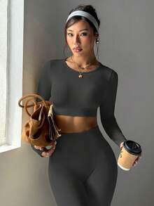 Dewbera Conjunto deportivo de mujer con costillas sin costuras y elástico - Gris Oscuro - Ver 8