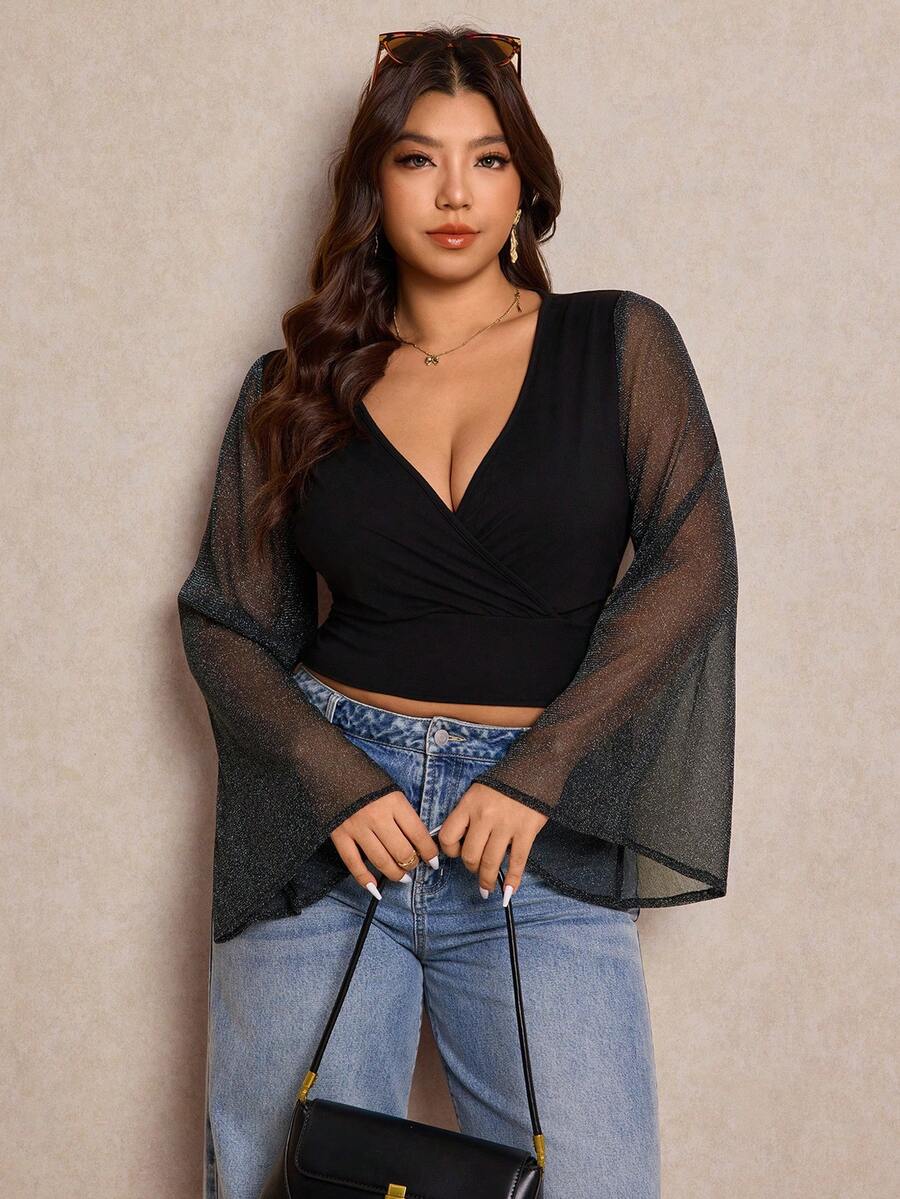 Elaquor Plus Size Women Elegant Minimalist Chiffon Patchwork Flare Sleeve Top, Autumn - Black - View 1