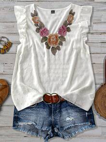 Linhara Plus Size Women Romantic Elegant Floral Embroidery Decor V-Neck Fitted Ruffle Sleeve Blouse - White - View 5