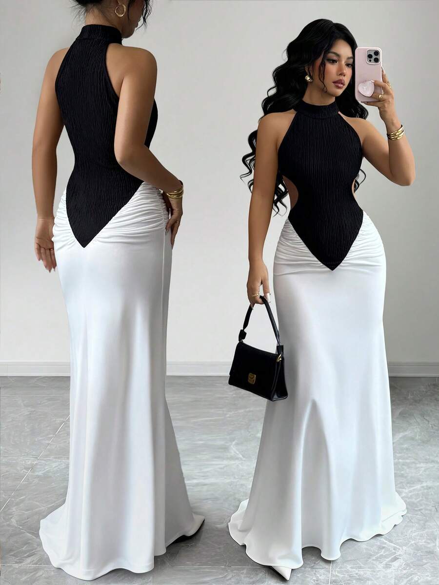SHEIN Elenzya New Spring/Summer Black & White Color Block Design, Sexy High Slit Cold Shoulder Ruched Fitted Maxi Dress, Elegant For Party, Formal Event, Wedding, Halloween, Christmas, Holiday Vacation