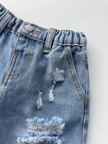 SHEIN Young BoyLoose Fit Blue Denim Ripped Shorts - Light Wash - View 5