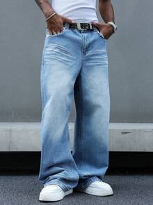 Manfinity EMRG Plus Size Stylish Cat Whisker Pleated Denim Jeans Men Baby Blue Pants - Blue - View 4