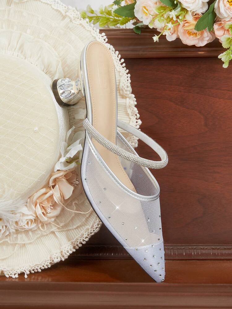 CUCCOO HITCHD Women's Pointed Toe Rhinestone Decor Elegant Daily Versatile Fashion High Heel Mules Valentine's Day