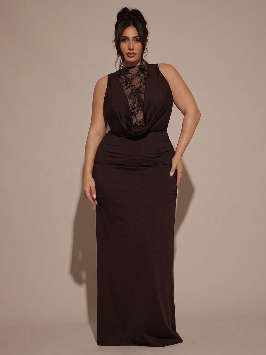 SHEIN BAE Đầm ren đen cổ cao phối họa tiết, kiểu dáng sang trọng, cỡ lớn dành cho nữ, đầm ren đen, đầm dạ hội dự tiệc cưới, phù hợp cho lễ Halloween, đầm dài không tay. - Cà phê nâu - Xem 1