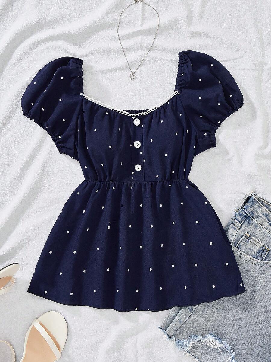 Camisa de punto con botones, cuello de volantes, escote en U, ajustada, estampado de lunares, versátil y casual para uso diario y en el hogar para adolescentes - Azul - Ver 1