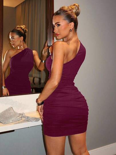 SHEIN BAE Vestido de festa feminino sexy com um ombro só e franzido