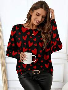 EMERY ROSE Casual Minimalist Heart Graphic Long Sleeve Elegant T-Shirt For Women, Suitable For Spring/Summer,Valentine's Day , Valentine Outfits For Women ,Valentines Day , Valentine Clothes ,Valentine's Day Outfit Carnival Cute Casual Tops Women Long Sleeve Tops - Multicolor - View 4