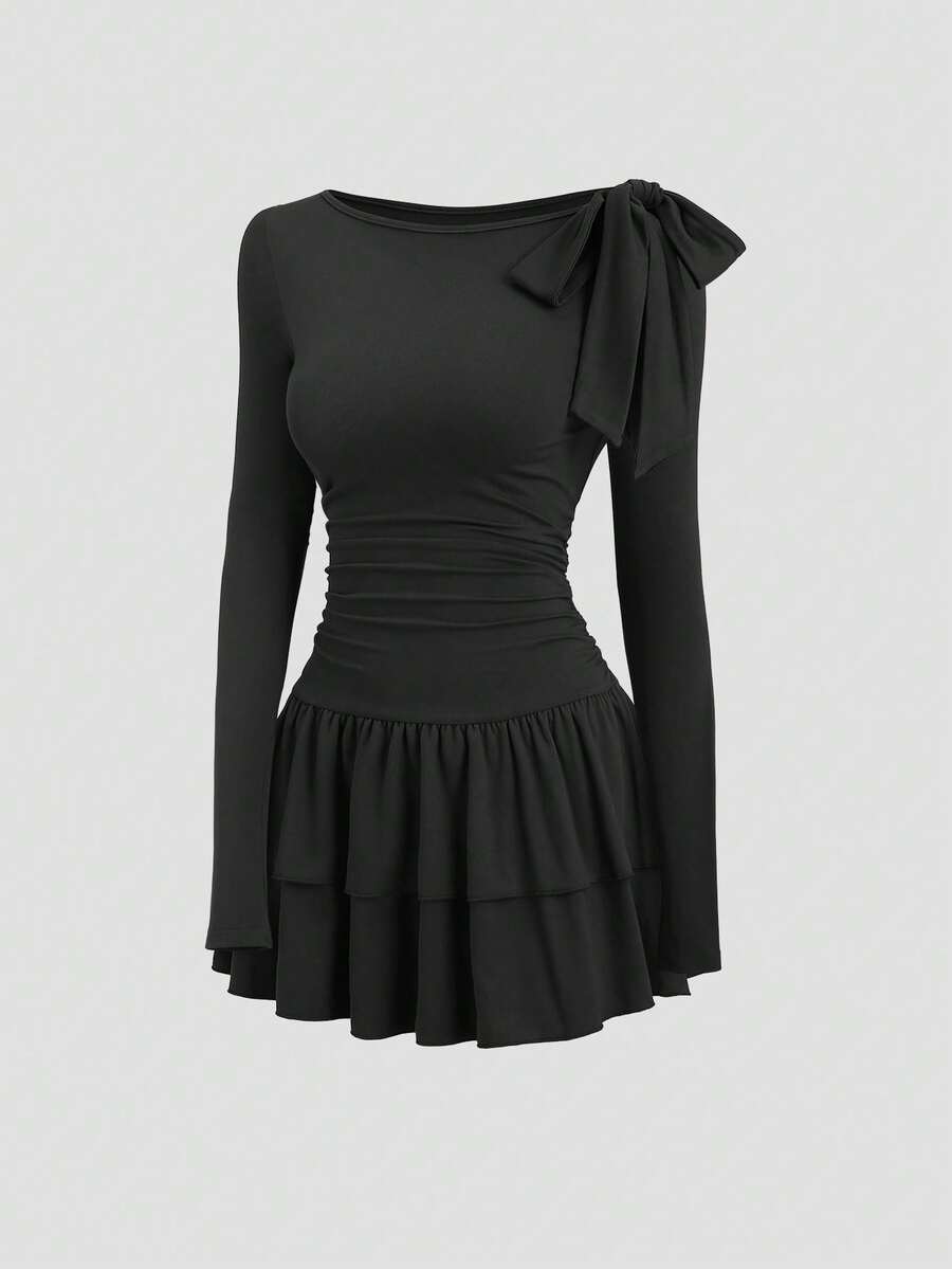 Sweetra 女士优雅荷叶边下摆圆领长袖修身休闲通勤连衣裙，秋冬款 - 黑色 - 查看 1