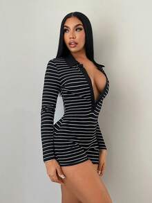 SHEIN SXY Black Striped Polo Collar Long Sleeve Striped Skinny Jumpsuit,Black Dress,Going Out ,Casual, Sexy Romper, Bodysuits For Women Long Sleeve, - Black and White - View 4