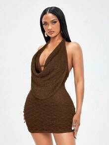 Radiana 女士优雅杏色钩编垂褶露背迷你连衣裙，适合休闲外出、约会、派对、生日、海岛度假、海滩等场合。 - 棕色 - 查看 4