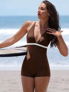 Swim SPRTY Bộ đồ bơi liền thân buộc dây màu tương phản mới dành cho nữ, phong cách thể thao dành cho lướt sóng, mùa xuân/hè - Cà phê nâu - Xem 5