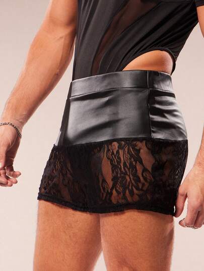 FeverCity Pantalones cortos de hombre con contraste de unicolor y encaje sexy y de moda