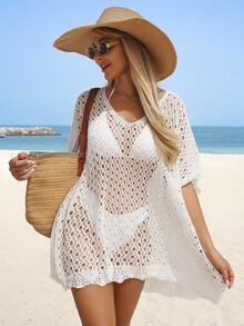 SHEIN Swim 女式空心蕾絲遮陽罩衫禮服 - 白色 - 查看 3