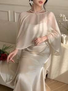 DAZY 女士优雅吊带鱼尾连衣裙配披肩，两件套，春夏款 - 米色 - 查看 8