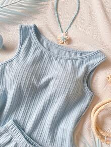 2pcs/Set Big Girls' Blue Jacquard Knit Asymmetric Sleeveless Crop Top + Elastic Waist Shorts Set, Textured Design, Casual Vibe, Non-Fleece Material, Suitable For Home, Weekend Outings And Summer Wear - Blue - View 3