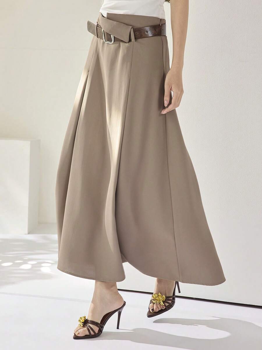 Heiryn Women's Solid Color Belted Waist Minimalist Versatile Skirt Belt Skirt Khaki Skirt Women Long Brown Skirt - Khaki - View 1