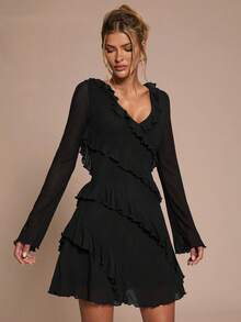 SHEIN BAE 女士纯色荷叶边V领长袖露背系带腰身时尚短裙 - 黑色 - 查看 4