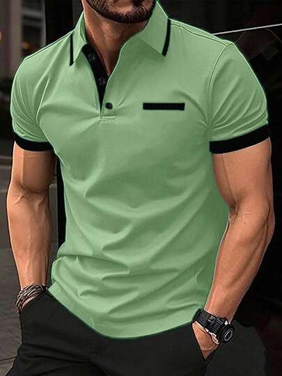 Manfinity Homme 男士休闲撞色短袖 Polo 衫，夏季绿色 Polo 衫，男士 T 领 T 恤，男士绿色上衣，男士绿色衬衫，男士短袖 Polo 衫
