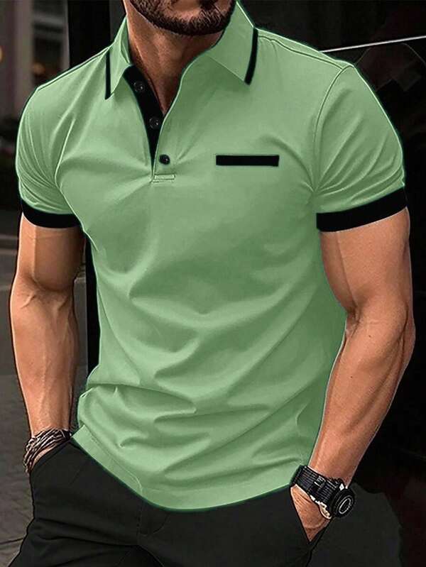 Manfinity Homme 男士休闲撞色短袖 Polo 衫，夏季绿色 Polo 衫，男士 T 领 T 恤，男士绿色上衣，男士绿色衬衫，男士短袖 Polo 衫